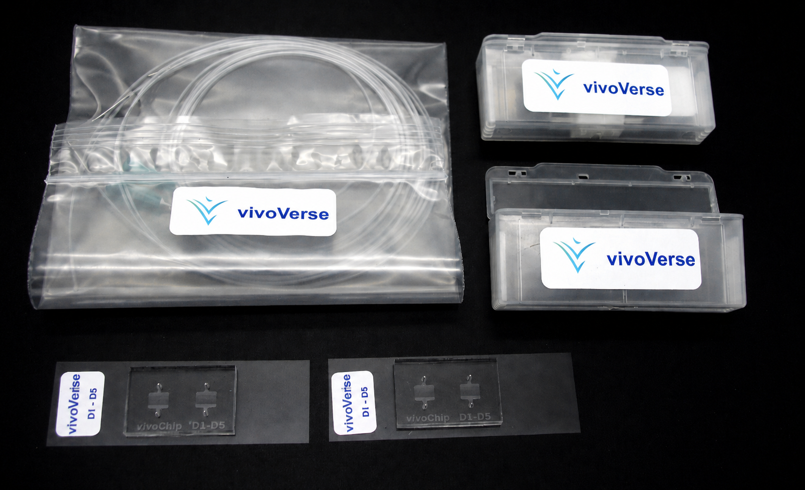 vivoChip-2x pack contents with chips, tubing, and connectors